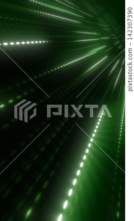 Green digital tunnel with glowing dotted light trails, deep perspective, and futuristic data motion effect. Green digital tunnel with glowing dotted light trails, deep perspective, and futuristic data motion effect. 142307390