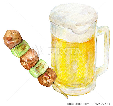 Watercolor illustration, hand-drawn illustration: Yakitori and draft beer Watercolor illustration, hand-drawn illustration: Yakitori and draft beer 142307584