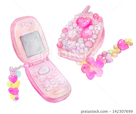 Watercolor illustration, hand-drawn illustration, Heisei era flip phone Watercolor illustration, hand-drawn illustration, Heisei era flip phone 142307699