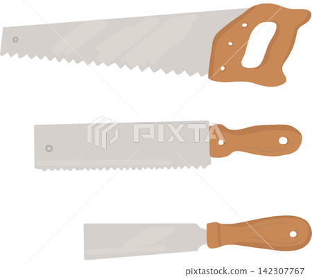 A cute cartoon collection of three hand saws with wooden handles, featuring a clean flat illustration style. Perfect for Labor Day,  142307767