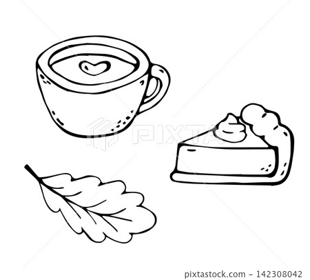 Coffee Cheesecake Leaf Autumn Doodle Outline Illustration Black And White Coffee Cheesecake Leaf Autumn Doodle Outline Illustration Black And White 142308042