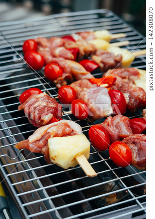 Grilled Meat Skewers with Bacon Grilled Meat Skewers with Bacon 142308070