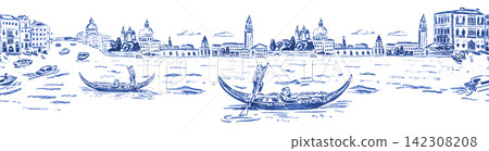 Hand drawn charcoal sketch seamless border of Venice canal and gondola in blue monochrome style, isolated on white background. Vintage Italian panorama for textile, porcelain, packaging, print Hand drawn charcoal sketch seamless border of Venice canal and gondola in blue monochrome style, isolated on white background. Vintage Italian panorama for textile, porcelain, packaging, print 142308208