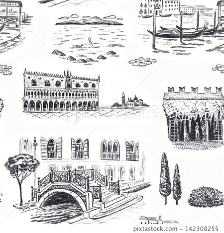 Seamless pattern hand drawn charcoal sketch illustration of Venice with Doge palace, gondolas, canal bridge, lagoon island and Italian architecture. 142308255