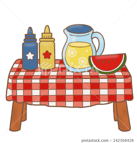 Picnic table with red plaid tablecloth lemonade condiments watermelon summer outdoor sticker print visual graphic clipart artwork design icon element illustration Picnic table with red plaid tablecloth lemonade condiments watermelon summer outdoor sticker print visual graphic clipart artwork design icon element illustration 142308426
