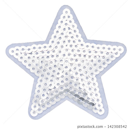 Silver sequined star-shaped appliqué on a white background Silver sequined star-shaped appliqué on a white background 142308542