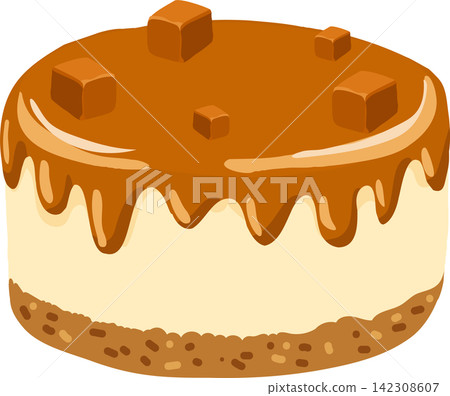Caramel Cake Illustration with Creamy Layers and Dripping Glaze for Bakery Dessert Design 142308607