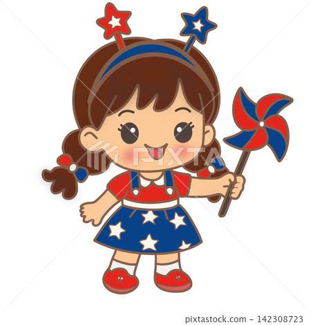 Cute girl wearing american flag dress holding pinwheel 4th of July celebration sticker print visual graphic clipart artwork design icon element illustration Cute girl wearing american flag dress holding pinwheel 4th of July celebration sticker print visual graphic clipart artwork design icon element illustration 142308723