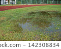 Athletics track after heavy rain with flooded grass, making outdoor training difficult in autumn 142308834