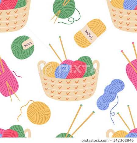 Cozy knitting seamless pattern. Basket with colorful yarn balls, skeins of wool yarn and knitting needles isolated on white background. Knitting hobby supplies vector illustration repeat tile design Cozy knitting seamless pattern. Basket with colorful yarn balls, skeins of wool yarn and knitting needles isolated on white background. Knitting hobby supplies vector illustration repeat tile design 142308946