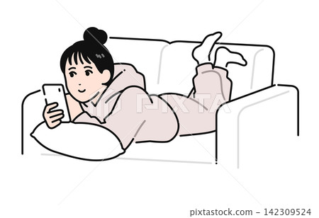 A simple vector illustration of a young woman with her hair tied up, relaxing on a sofa and looking at her smartphone. A simple vector illustration of a young woman with her hair tied up, relaxing on a sofa and looking at her smartphone. 142309524