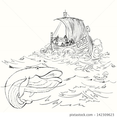 Vector drawing. Sailors on a ship in a storm Vector drawing. Sailors on a ship in a storm 142309623