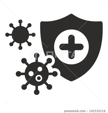virus icon, shield symbol, flat vector illustration on white background virus icon, shield symbol, flat vector illustration on white background 142310118