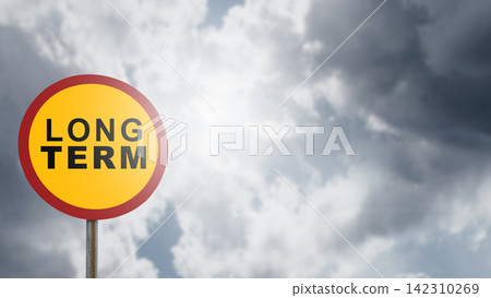 A yellow road sign with the text 'LONG TERM' set against a dramatic, cloudy sky with bright sunlight. Concept of Planning A yellow road sign with the text 'LONG TERM' set against a dramatic, cloudy sky with bright sunlight. Concept of Planning 142310269