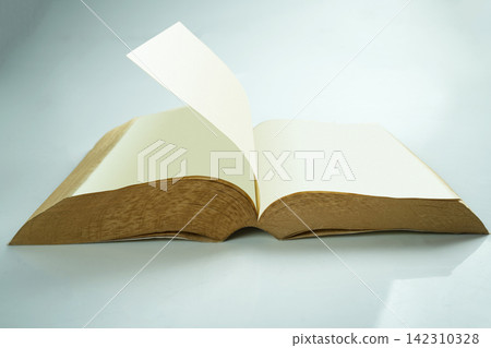 An open book with blank white pages and textured brown edges, with one page flipping over, set against a clean, light gradient background. Study or education concept An open book with blank white pages and textured brown edges, with one page flipping over, set against a clean, light gradient background. Study or education concept 142310328