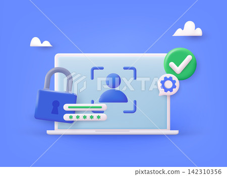 Computer and account login and password form page on screen. Sign in to account, user authorization, login authentication page concept. Username, password fields. 3D Web Vector Illustrations. Computer and account login and password form page on screen. Sign in to account, user authorization, login authentication page concept. Username, password fields. 3D Web Vector Illustrations. 142310356