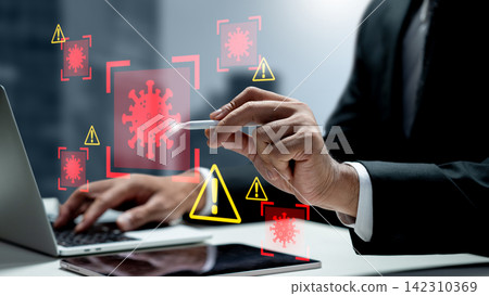 A businessman uses a laptop and stylus to detect and analyze digital malware threats and cybersecurity viruses represented by warning icons. Concept of Technology Security 142310369