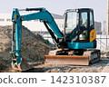 A small hydraulic excavator parked at a construction site 142310387
