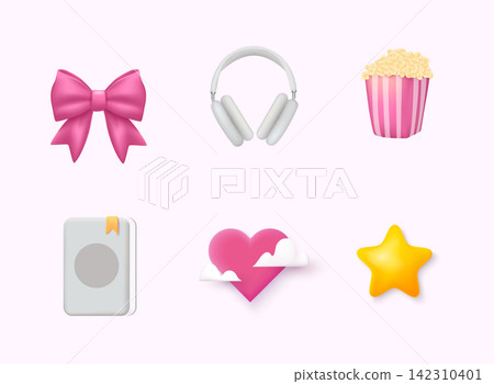 Set of girls icons and objects: pink bow, headphones, star, book, popcorn. 3D Web Vector Illustrations. Set of girls icons and objects: pink bow, headphones, star, book, popcorn. 3D Web Vector Illustrations. 142310401