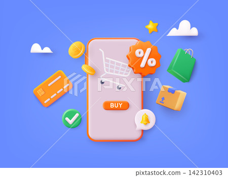 Online shopping on application and website concept, digital marketing online, shopping cart. 3D Vector Illustrations. Online shopping on application and website concept, digital marketing online, shopping cart. 3D Vector Illustrations. 142310403