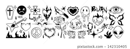 Spray paint graffiti inky heart, angel wings, alien, smiles and punk goth stickers Spray paint graffiti inky heart, angel wings, alien, smiles and punk goth stickers 142310405