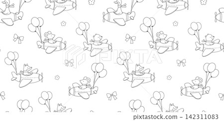 Seamless pattern with cute animals flying plane with balloons. Childish outline characters for kids. Line hand drawn isolated illustrations, funny bear, fox and baby mouse 142311083