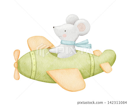 Cute mouse flying green plane. Funny cartoon animal pilot character for nursery art, baby shower card, isolated watercolour illustration Cute mouse flying green plane. Funny cartoon animal pilot character for nursery art, baby shower card, isolated watercolour illustration 142311084