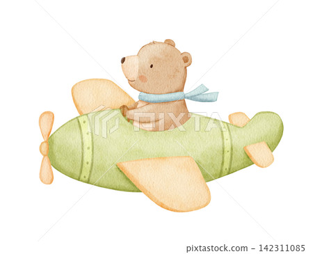 Cute bear flying green plane. Funny cartoon animal pilot character for children nursery art, baby shower card Cute bear flying green plane. Funny cartoon animal pilot character for children nursery art, baby shower card 142311085
