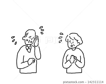 An elderly man and woman with anxious and troubled expressions (line drawing) An elderly man and woman with anxious and troubled expressions (line drawing) 142311114