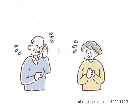 An elderly man and woman with anxious and troubled expressions. 142311115