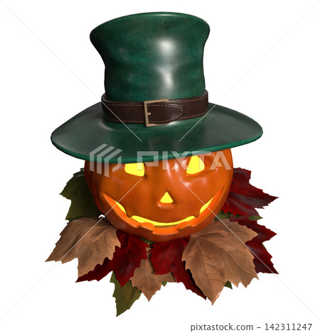 Glowing Halloween Pumpkin Wearing Green Top Hat Glowing Halloween Pumpkin Wearing Green Top Hat 142311247