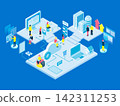 An illustration depicting a business scene of working remotely in an isometric online meeting. 142311253