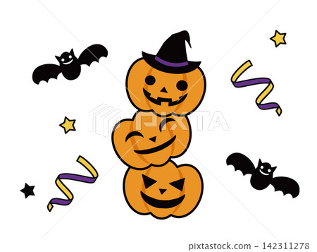 Cute illustration material of a jack-o'-lantern wearing a witch's hat and a bat. Cute illustration material of a jack-o'-lantern wearing a witch's hat and a bat. 142311278