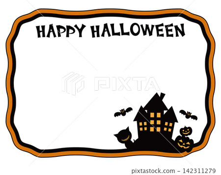 Pop art bold line frame featuring a Halloween castle and jack-o'-lanterns. Pop art bold line frame featuring a Halloween castle and jack-o'-lanterns. 142311279