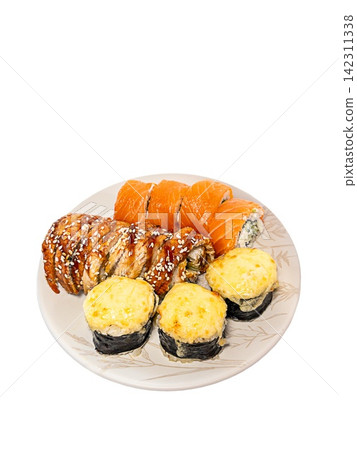 Sushi rolls with salmon, sesame and baked topping on plate isolated on transparent background, Japanese food assortment. Sushi rolls with salmon, sesame and baked topping on plate isolated on transparent background, Japanese food assortment. 142311338
