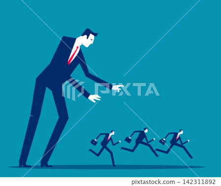 Big and small business. Business people escaping from the clutches of giants business Big and small business. Business people escaping from the clutches of giants business 142311892