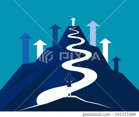 The winding path leading to the mountaintop symbolizes the process and obstacles that must be overcome to achieve the goal. The winding path leading to the mountaintop symbolizes the process and obstacles that must be overcome to achieve the goal. 142311899