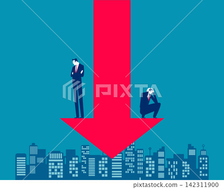 Businessman sitting falling red arrow Businessman sitting falling red arrow 142311900