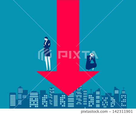 Businesswoman sitting falling red arrow Businesswoman sitting falling red arrow 142311901