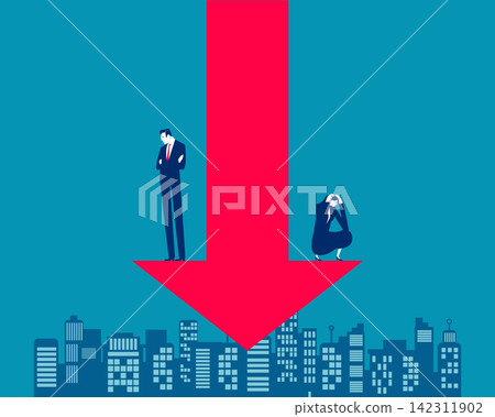 Businessman and woman sitting falling red arrow Businessman and woman sitting falling red arrow 142311902