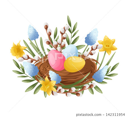 Easter nest of colorful painted eggs, willow branches, yellow daffodils, blue grape hyacinths, spring foliage for Orthodox holiday greeting cards, church invitations, festive seasonal stationery 142311954