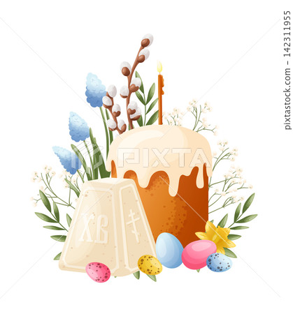 Orthodox Easter kulich cake with icing, cheese paskha with cross, burning candle, colorful painted eggs, willow, blue muscari, yellow daffodil for church greeting cards, festive bakery packaging Orthodox Easter kulich cake with icing, cheese paskha with cross, burning candle, colorful painted eggs, willow, blue muscari, yellow daffodil for church greeting cards, festive bakery packaging 142311955