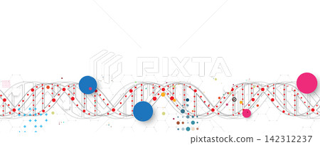 Futuristic science and medical background with molecule, DNA strands, connected neural web Futuristic science and medical background with molecule, DNA strands, connected neural web 142312237
