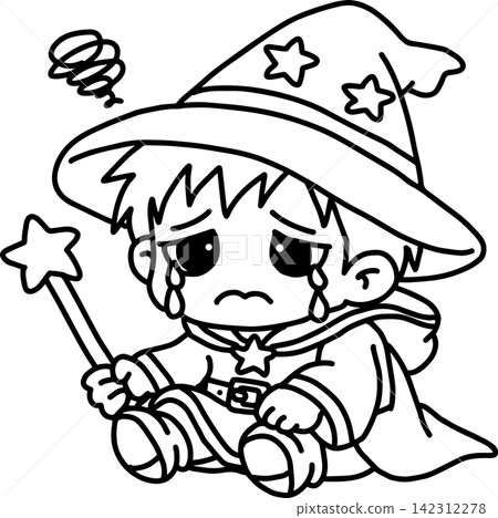 一個可愛的小巫師小孩哭著拿著魔杖 | 奇幻插畫 一個可愛的小巫師小孩哭著拿著魔杖 | 奇幻插畫 142312278