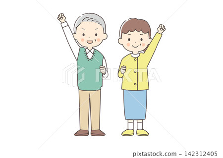老年男女擺出勝利姿勢的全身插圖。 老年男女擺出勝利姿勢的全身插圖。 142312405