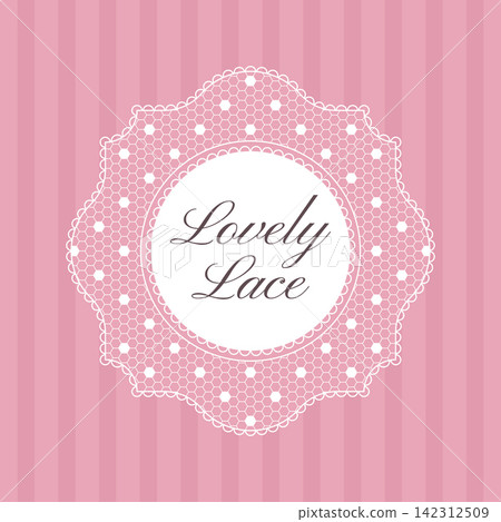 Lace frame. Lovely lace decorative frame. Elegant white openwork label with delicate mesh and scalloped border on pink striped background. design for invitation, greeting card, wedding stationery Lace frame. Lovely lace decorative frame. Elegant white openwork label with delicate mesh and scalloped border on pink striped background. design for invitation, greeting card, wedding stationery 142312509