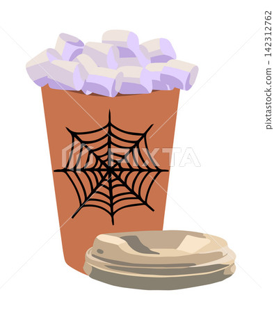 Vector isolated illustration of a takeaway drink with marshmallows. A festive hot drink for Halloween. Vector isolated illustration of a takeaway drink with marshmallows. A festive hot drink for Halloween. 142312762