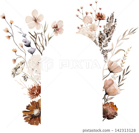 Floral frame made with watercolor brown wildflowers and leaves, autumn wedding illustration Floral frame made with watercolor brown wildflowers and leaves, autumn wedding illustration 142313128