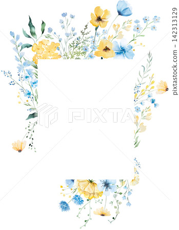 Rectangular loral frame with blue and yellow watercolor wildflowers and leaves, wedding illustration Rectangular loral frame with blue and yellow watercolor wildflowers and leaves, wedding illustration 142313129