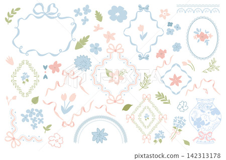 Coquette frame, flower, bow set. Preppy grandmillennial collection with hydrangea, bouquets, ribbons. Vector clipart Coquette frame, flower, bow set. Preppy grandmillennial collection with hydrangea, bouquets, ribbons. Vector clipart 142313178